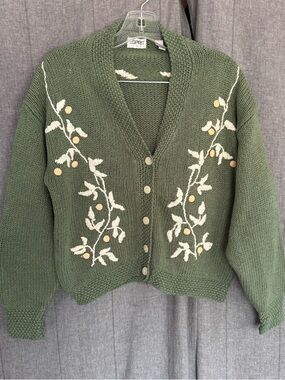 Esprit Silk Cotton Green Knit Cardigan Embroidered White Vine Cottage Granny Med